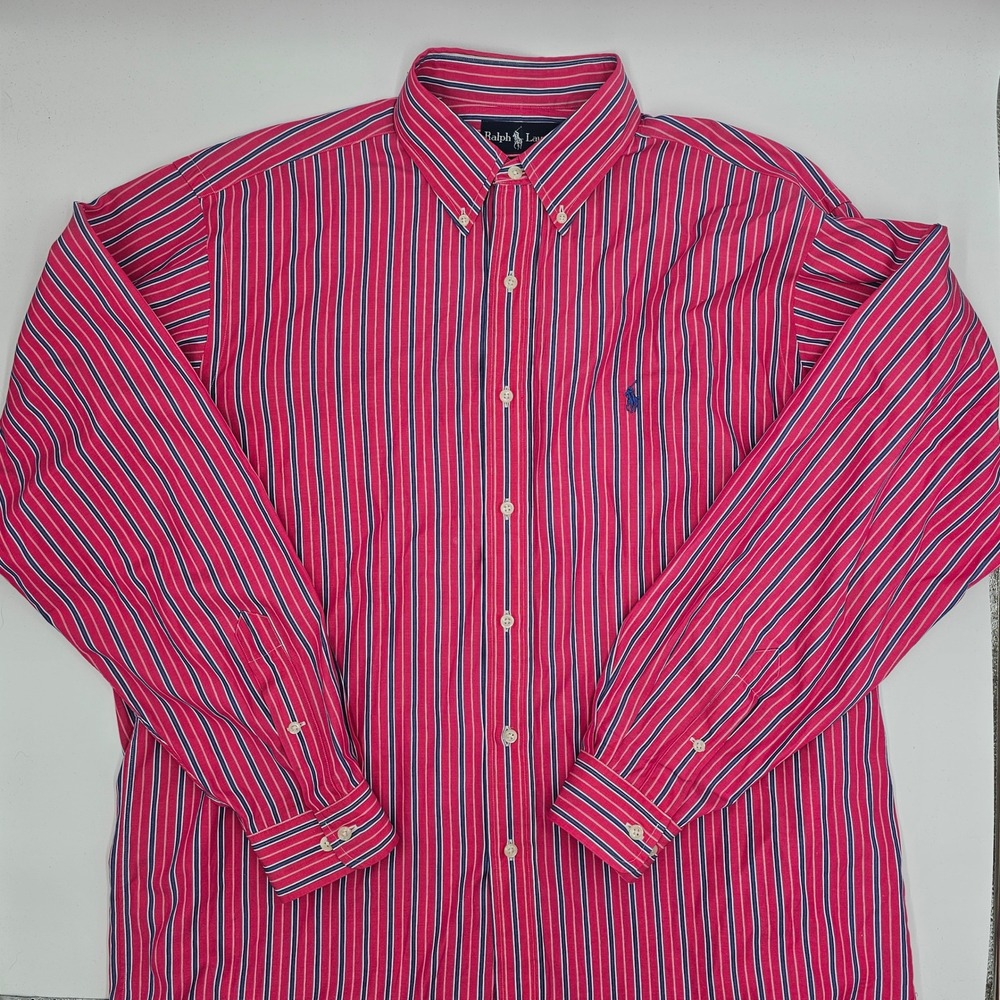 Ralph Lauren Classic Fit Pink Blue Stripe‎ Button Down Shirt Men's Large